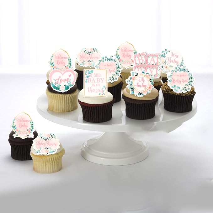 64 PCS Edible Baby Shower Cupcake Toppers Wafer Paper Floral Leaves Welcome Baby Girl Cupcake Picks Edible Love Baby in Bloom Cake Decorations for Gender Reveal Theme Girls Birthday Party Supplies
