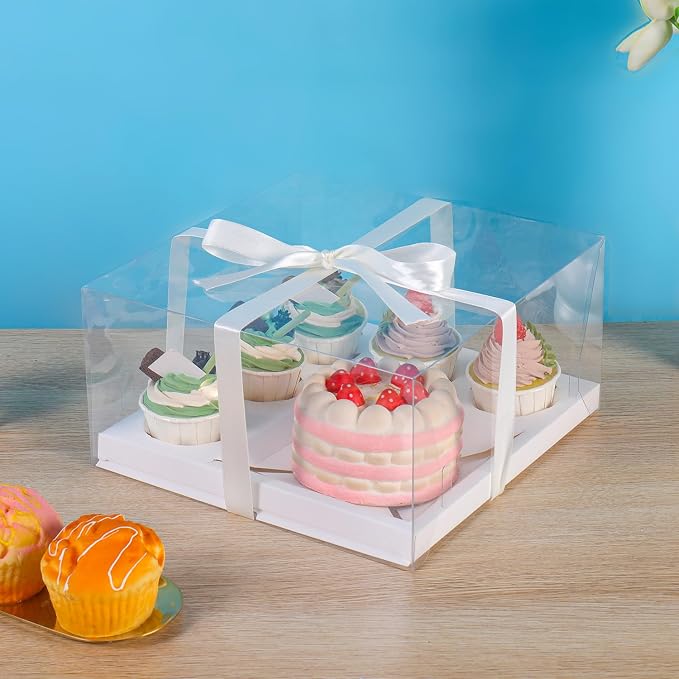 3Pcs Bento Cake Box and Cupcake 1+5 Combination Clear Window Bento Boxes, 6 Holes Bento Vake Box Suitable for 5 Regular Cupcakes and Mini Cakes