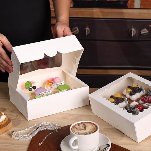 NPLUX Cookie Boxes Bakery Boxes with Window 8x6.5x2.5 Inches Auto-Popup Treat Pastry Boxes for Gift Giving, Graduation Gifts Party Favors(24pack,White)
