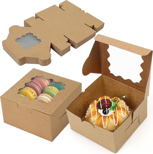 LotFancy 60 Pcs Brown Bakery Boxes with Window, 4x4x2.5 Inches, Small Cookie Boxes, Mini Treat Boxes for Mini Cake, Dessert, Macarons, Chocolates Donuts, Pastries