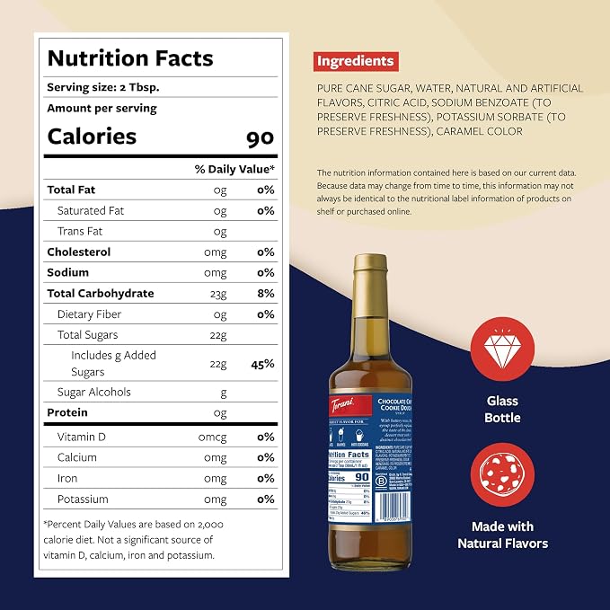 Torani Coffee Syrup, Chocolate Chip Cookie Dough Flavored Syrup for Drinks, Glass Bottle 4-Pack, Pumps Included, 25.4 Fl Oz Ea