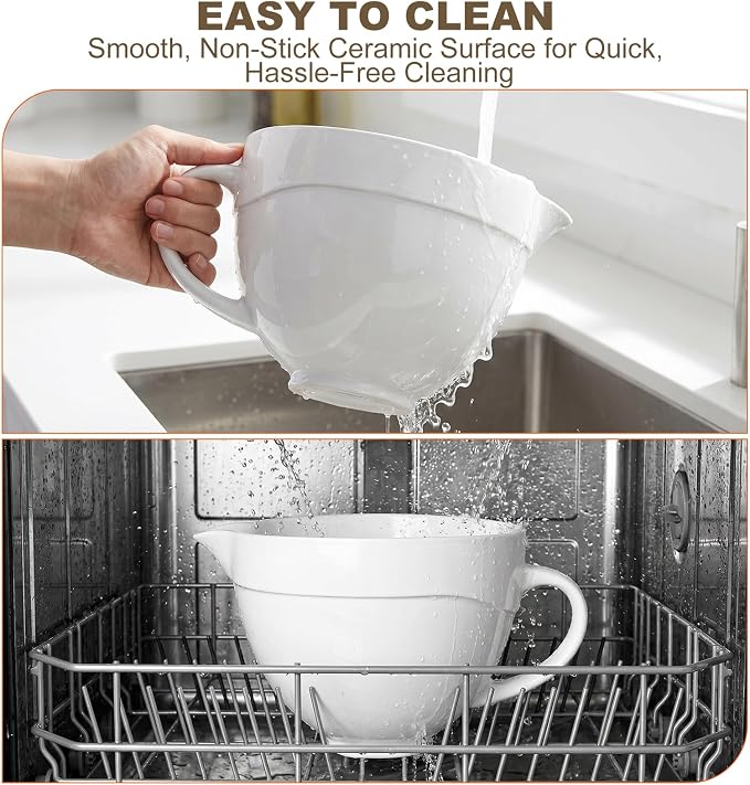 5 QT Ceramic Mixer Bowl Compatible with KitchenAid Tilt-Head Stand Mixers 4.5-5 Quart, Food-Grade Polished Mixing Bowl with Anti-slip Handle & Secure Locking Clasp, Microwave & Oven Safe