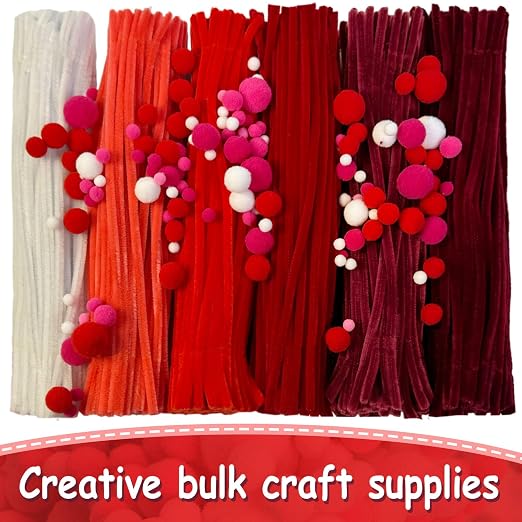600pcs Red Pipe Cleaners Bulk and 300pcs Pompoms - Fluffy Fuzzy Wire, Pastel Pom Poms Chenille Stems for Arts & Crafts, Ideal for Making Flowers Animal Thanksgiving Christmas Party Supplies