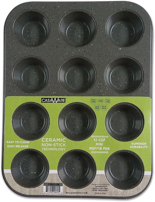 casaWare Mini Muffin Pan 12 Cup Ceramic Coated Non-Stick (Silver Granite)