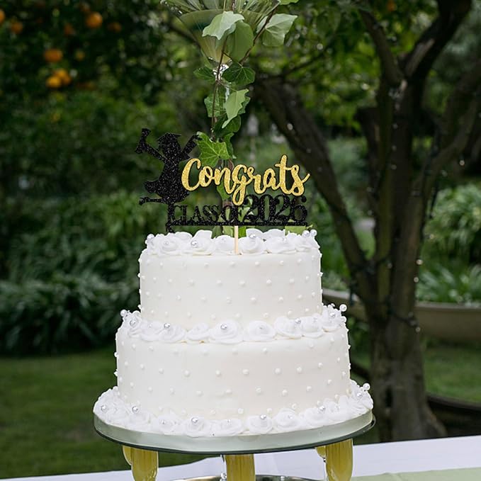 1 Pack Congrats Class of 2026 Cake Toppers Graduation Girl Cake Picks Glitter 2026 Graduation Cake Decorations for Theme High School Girls Graduate Cake Decorations Party Supplies Gold Black