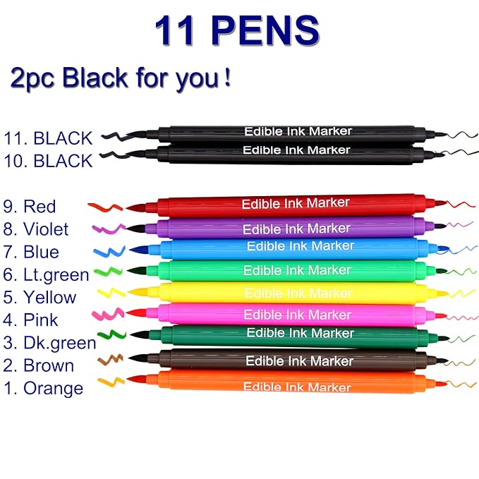 Food coloring Pens, 11Pcs Double Sided Food Grade and Edible Marker,Gourmet Writers for Decorating Fondant,Cakes, Cookies, Frosting, Easter Eggs, Thick Tip and Fine Tip, 10 Colors, by Edibleink