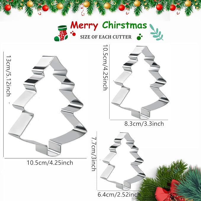 Christmas Tree Cookie Cutter Set, 3 Pieces Xmas Tree Cookie Cutters with Recipe Booklet Biscuit Molds for Chirstmas Day Party Decorations DIY Gift Family Kids Baking Tools