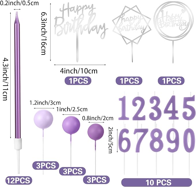 Yerliker 34 Pcs Happy Birthday Cake Toppers Decorations Birthday Candles DIY Cake Decor for Men Women Wedding Anniversary(Purple)