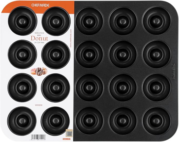 CHEFMADE Donut Pan, Nonstick 20 Cavity Mini Ring Doughnut Pan for Baking Donuts Bagels (Black)