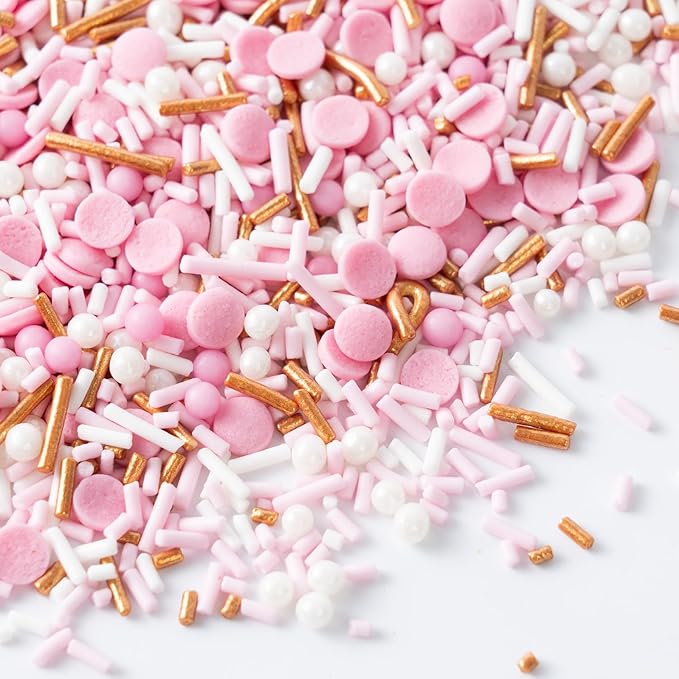 Dye Free Sprinkles Pink No Artificial Dyes Natural Confetti Pearl Sugar Gold Jimmies Valentines Sprinkles for Cake Decorations Baby Shower, Cookies, Fondant Cake, Dessert Toppings, 4.2oz