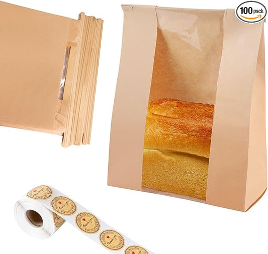 100 Pcs Bread Bags for Homemade Bread Sourdough Bags Paper Kraft with Window 14" x 8.3" x 3.5" with Tin Strip and 500 Pcs Seal Stickers for Cookies Coffee Beans and Bakery