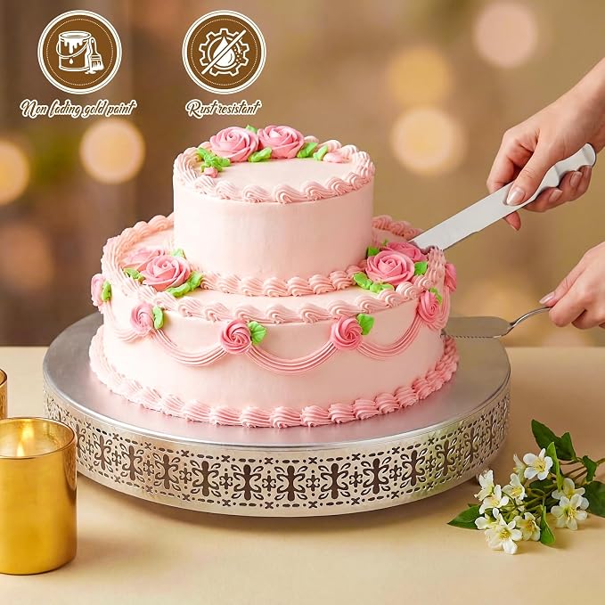 Wenqik Silver Cake Stand 18 Inch Metal Round Cupcake Dessert Wedding Cake Stand with Cutting & Spatula Cookies Display Holder Fruit Serving Tray for Table Wedding Birthday Anniversary Party