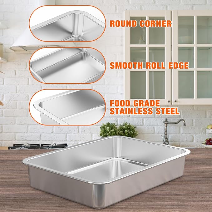 onlyfire Stainless Steel Baking Pan, Rectangular Cake Pan Cookie Sheet Pan Barbeque Grill Pan for Baking Breads, Grilling Chicken, Vegetables, Dishwasher Safe,15.5’’×11.6’’×2.7"