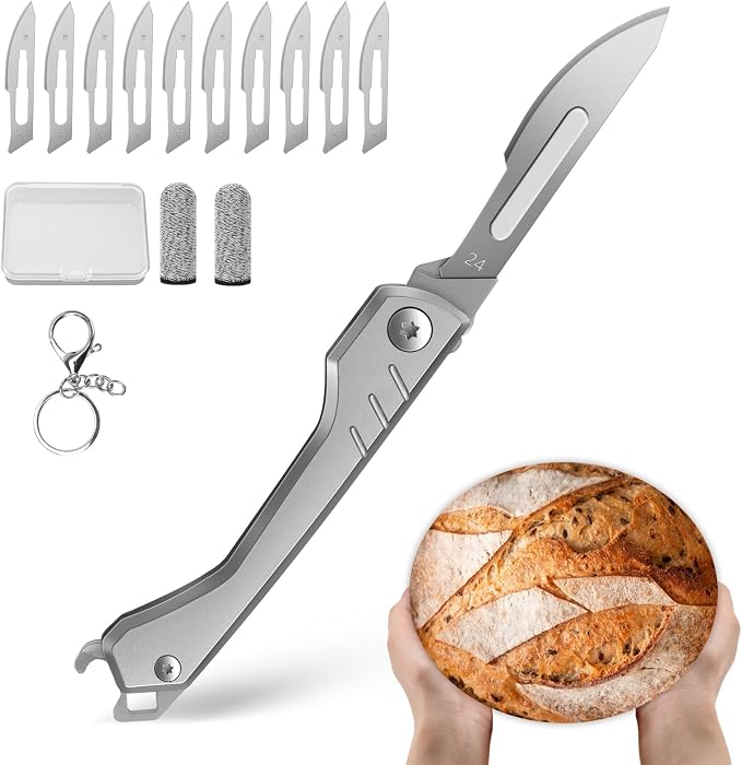 CRUIFU Bread Lame Dough Scoring Tool – Multi-Purpose Scoring Knife, Folding Bread Scorer Tool for Sourdough & Bread Baking with 10 Bread Razor Blades （Grey）