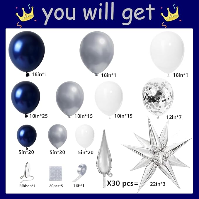 Bonropin Navy Blue and Silver Balloon Garland Arch Kit 158pcs with Blue White Silver Confetti Balloons, Star Foil Balloons, for Graduation New Year Anniversary Birthday Party Decorations