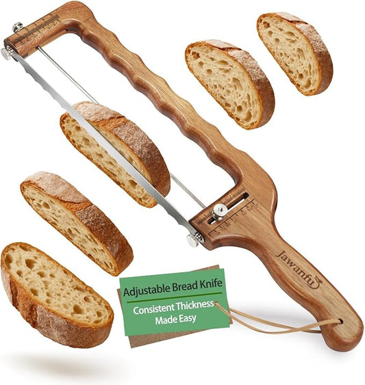 Adjustable Bread Slicer for Sourdough& Homemade Bread | Thickness Guide, Sharp Stainless Serrated Blade, Wooden Frame, Precision Bread Cutter