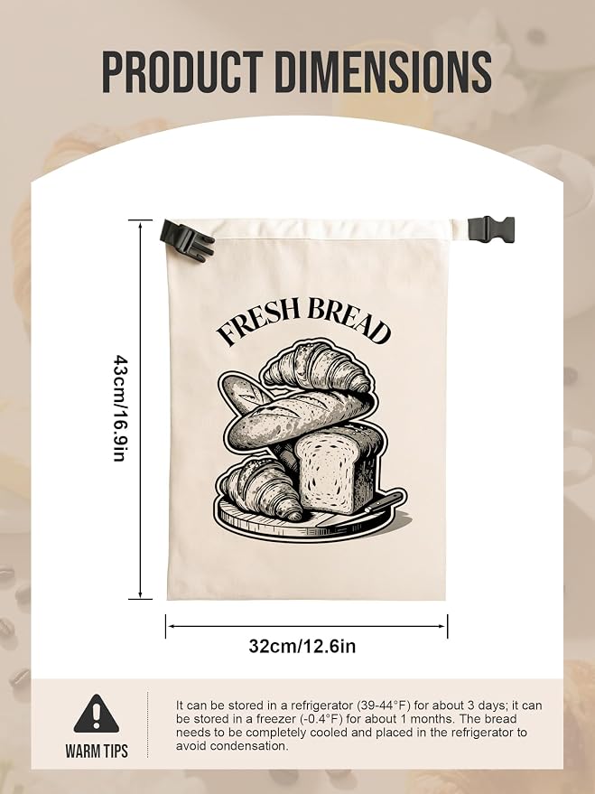 Reusable Bread Bag for Homemade Bread, 17x13 Inch XL Linen Cotton Sourdough Bread Storage Bags with TPU Lining, Kitchen Essentials Sourdough Bag with Roll-top Buckle to Keep Fresh Longer