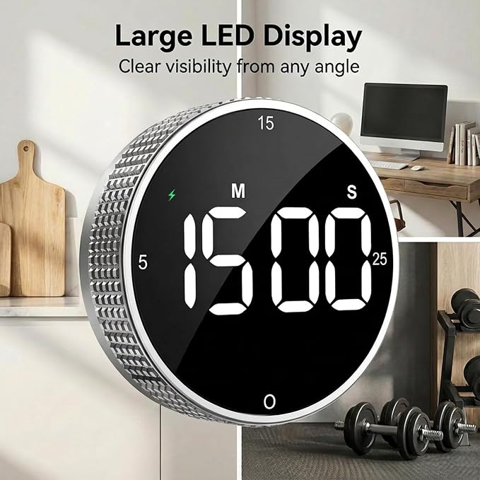 Rechargeable Magnetic Kitchen Timer,LED Countdown/Up Timer, Supports USB-C Charging,with Loud Alarm,3 Preset Quick Times(5/15/25m),Perfect for Kitchen Cooking, Studying, and Fitness (Silver)