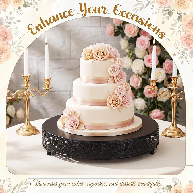 Wenqik 14 Inch Black Cake Stand Set Metal Round Cupcake Dessert Stand with Cake Cutting, Flower Spatula Wedding Cupcake Pastry Display Candy Holder Display for Wedding Party Birthday Baby Shower