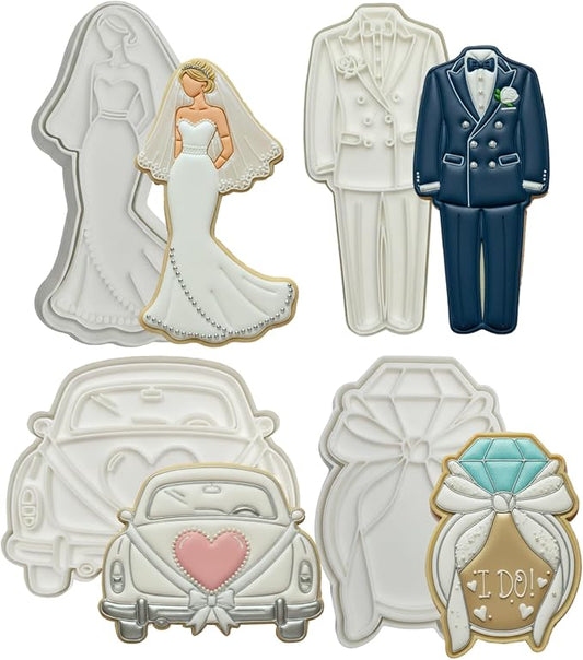 Wedding Cookie Cutters Set of 4 Ring Tuxedo Molds 3.5" with Plunger Stamps Baking Dough Tools Cake Shapes PLA Accessories for Birdesmaid Decorative Party Kitchen Supplies