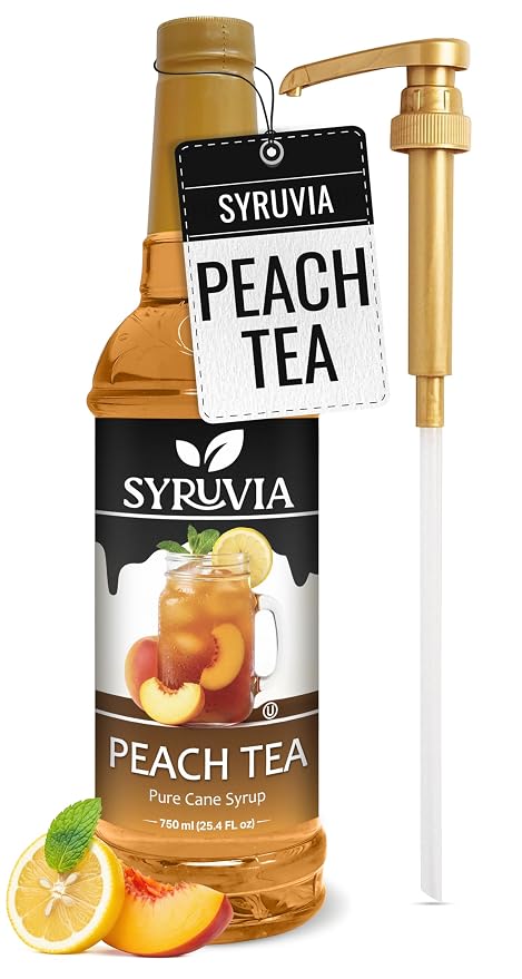 Syruvia Peach Tea Syrup, Flavored Syrup for Teas, Drinks, Lemonades, Iced Teas, and Desserts – 25.4 fl oz - with Pump