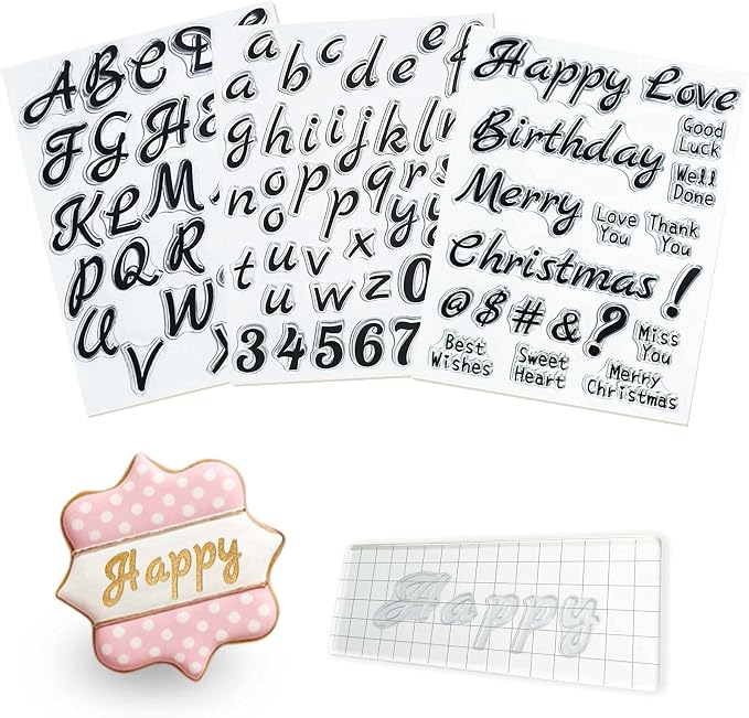 4 PCS Alphabet Letter Fondant Stamps for Biscuit Cake Cookie, Upgraded Food Grade Alphabet Cake Stamp Tool Uppercase Extra Spare Lowercase Numbers Phrases for Christmas Party Reusable Cookie Stamp