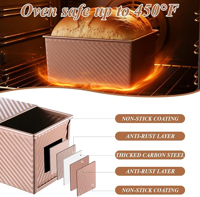 3 Pcs Pullman Loaf Pan with Lid, 2.2LB 1LB 0.5LB Non-Stick Carbon Steel Sandwich Sourdough Bread Pans Golden Corrugated Toast Mold for Homemade Baking Bread