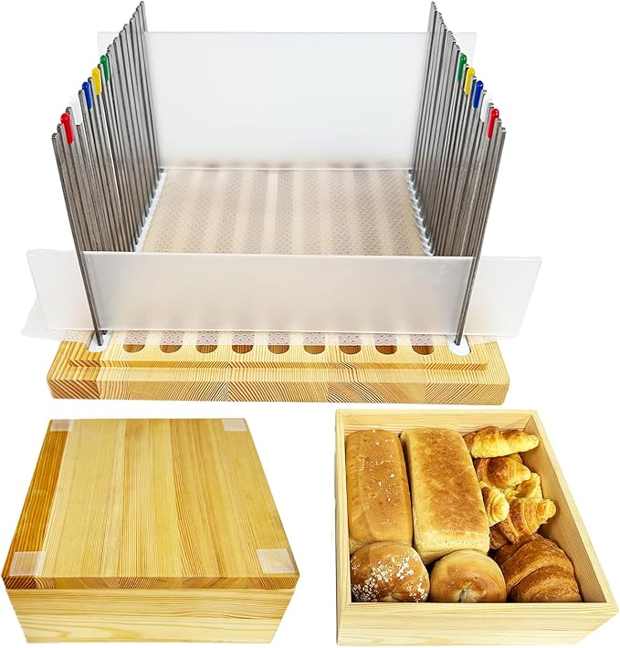 7L Wooden Bread Box, Stainless Steel Bread Slicer, 20 Protective Liners | 2 Thickness Slicing Guide, 9in Adjustable Crumb Tray, 1 Bread Stopper, for Sourdough, Homemade Bread