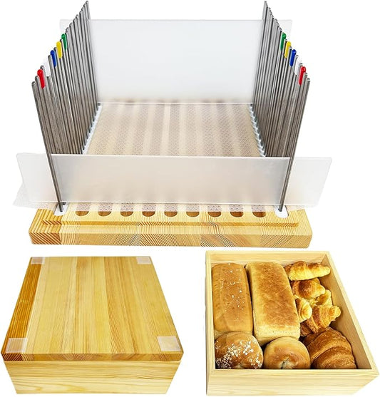 7L Wooden Bread Box, Stainless Steel Bread Slicer, 20 Protective Liners | 2 Thickness Slicing Guide, 9in Adjustable Crumb Tray, 1 Bread Stopper, for Sourdough, Homemade Bread