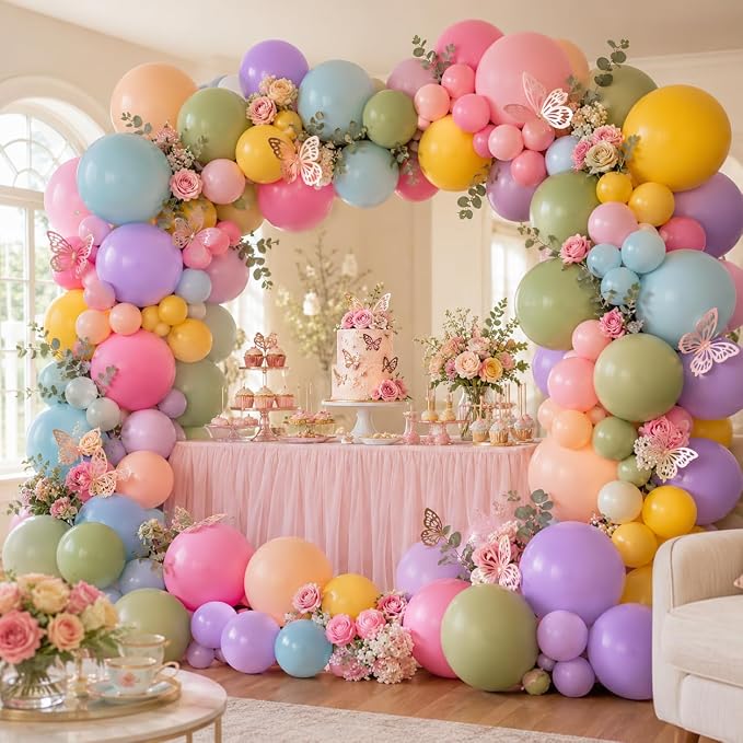 Flower Balloon Arch Kit, 122Pcs Hot Pink Pastel Blue Dusty Green Macaron Orange Lavender Purple Yellow Balloons for Girls Spring Party Boho Baby Shower Flower Birthday Garden Party Decorations
