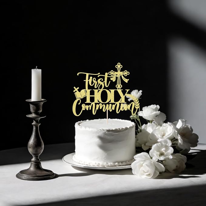 Gold glitter First Holy Communion Cake Topper-Suitable for Ramadan, Baptism, Religious Baptism,Baby Shower, God Bless, Communion Party, Wedding, Communion Party Decoration Supplies