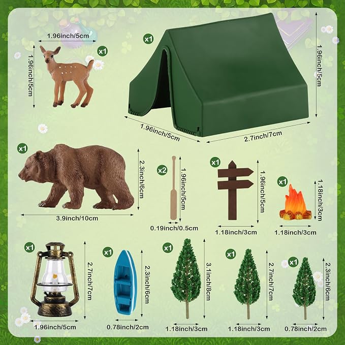 Camping Cake Toppers 12Pcs Camping Themed Party Decoration Include Tent Bonfire Tree Boat Deer for Kids Adults Adventure Theme Birthday Party Supplies
