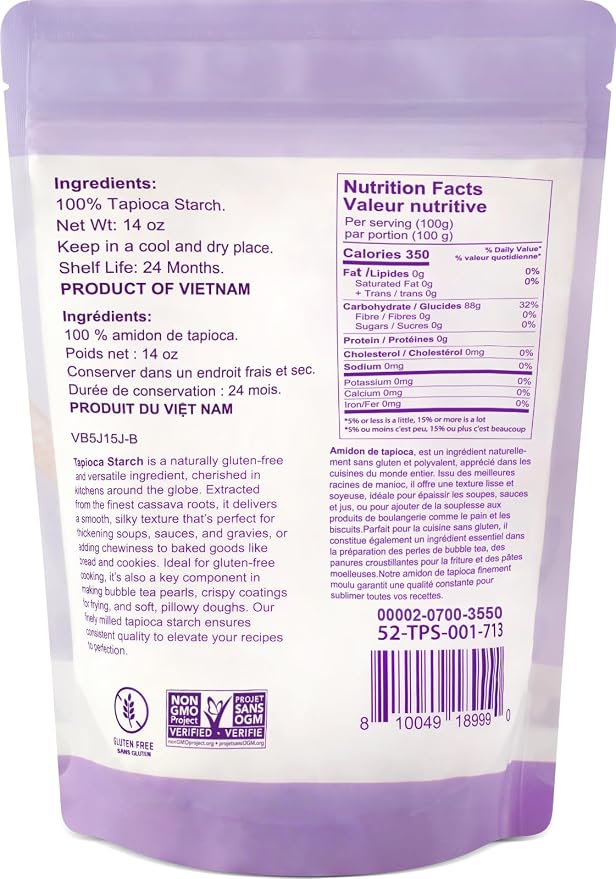 52USA Tapioca Starch, 14oz (Pack of 1), Tapioca Flour (397g), Gluten Free, Kosher, Vegan, No Preservatives, All Natural, Thickener for Soups, Gravies, Baking and Cooking