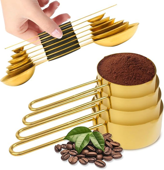 11 pcs Gold Measuring Cups and Spoons Set,Includes 4pcs Measuring Cups And 6pcs Magnetic Measuring Spoons & 1 Leveler,Stainless Steel is Ideal for Measuring Liquids And Dry Ingredients