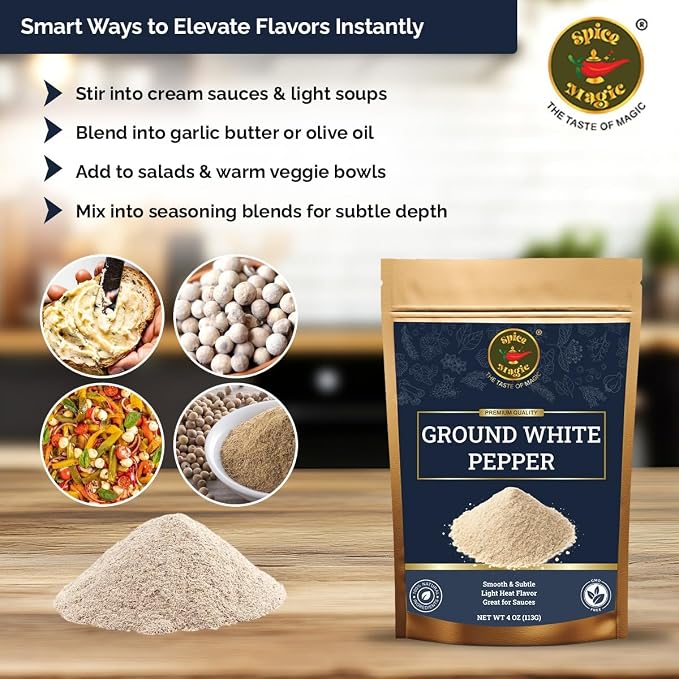 Spice Magic Ground White Pepper 4 oz | Gentle, Mild Heat and Subtle Flavor Perfect For Light Sauces, Soups, Chicken, and Seafood.