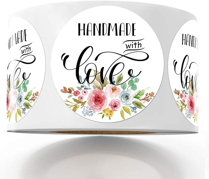 Floral Handmade Stickers, 1.4 Inch Round, 500 Labels per Roll (1 Roll), Adhesive Labels