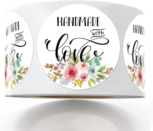 Floral Handmade Stickers, 1.4 Inch Round, 500 Labels per Roll (1 Roll), Adhesive Labels