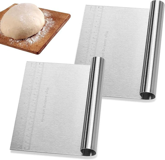 2 Pack Stainless Steel Dough Scraper Set Bench Scrapers with Measuring Marks for Bread Pizza Pastry Making Baking Supplies Kitchen Flour Cake Decorating Tools Gadgets