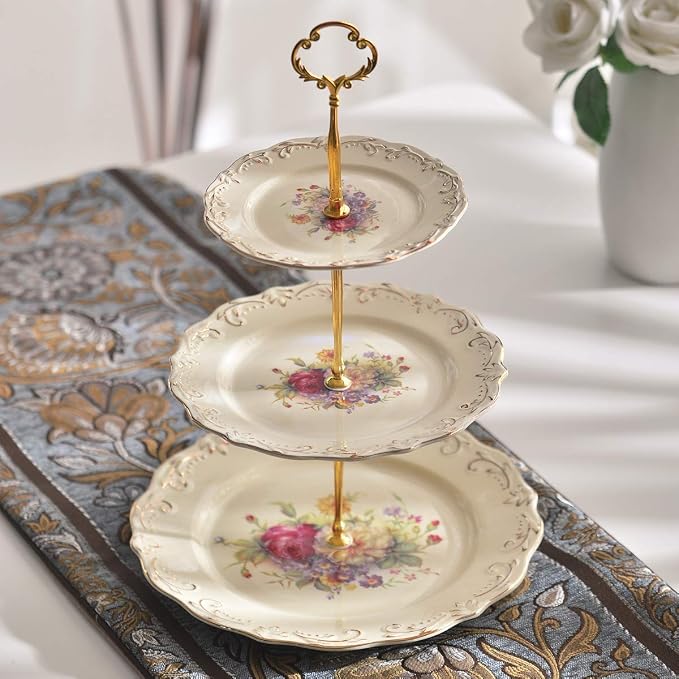 YOLIFE Flowering Shrubs 3 Tiered Cupcake Stand, Emboss Golden Leaves Edge Pastry Tower, 6-8-10 inch