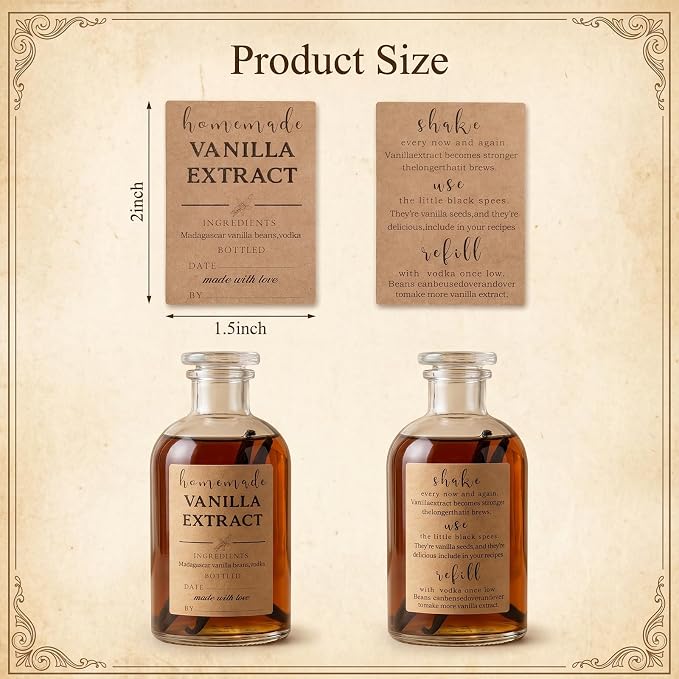 48 Pack Vanilla Extract Labels, 1.5×2 Inch Square Bottle Labels Homemade Ingredients Label Stickers for Handcrafted Vanilla Bottles,Jar Kitchen Pantry