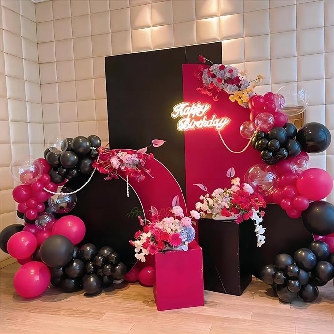136pcs Hot Pink Black Balloon Arch Kit with Clear Balloons - 18/12/10/5 Inch Gothic Garland for Women's Birthday, Valentine's Day, Class of 2025 Party Decor