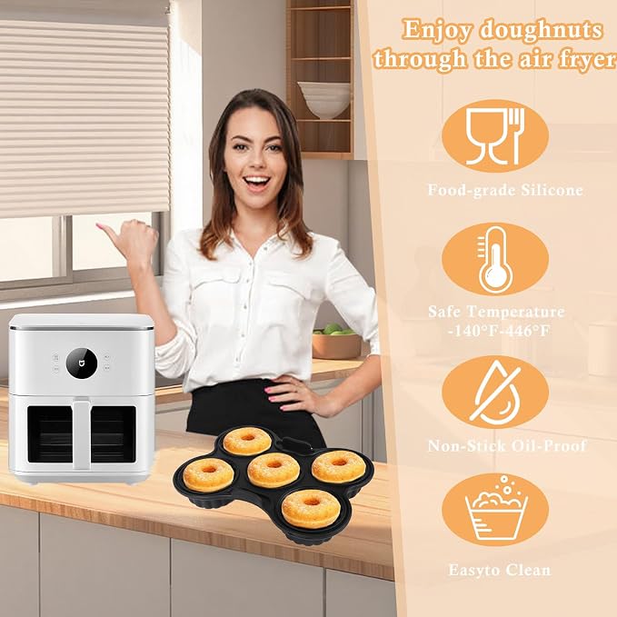 2 Pcs Silicone Donut Pan for Baking, Nonstick 5 Cavity Doughnut Baking Pans for Ninja 8QT-10QT Air Fryer, Make Perfect Bagels and Cake Donuts, Black