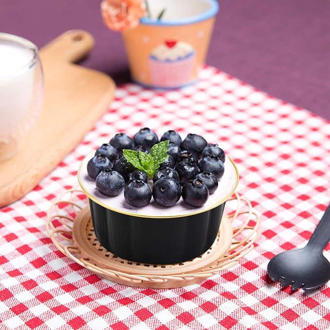 Beasea Disposable Ramekins with Lids, 8 oz 50 Pack Black Gold Aluminum Foil Cups, Disposable Creme Brulee Muffin Cupcake Baking Cup Mini Pudding Cups for Party Wedding Birthday