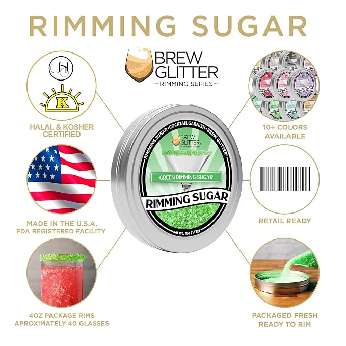 Brew Glitter - Green Rimming Sugar (1LB, 1x Resealable Bag) Cocktail Garnish for Mixed Drinks & Refreshments