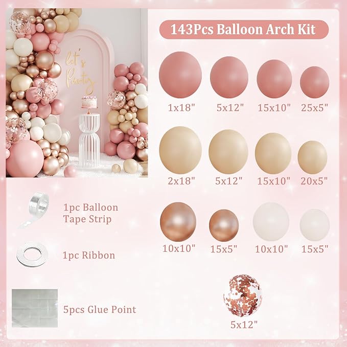 Dusty Pink Balloon Arch Kit, 143Pcs Boho Blush Pink Sand White Nude Rose Gold Balloons Garland Arch Kit Confetti Balloons for Boho Birthday Bridal Shower Wedding Baby Shower Decorations