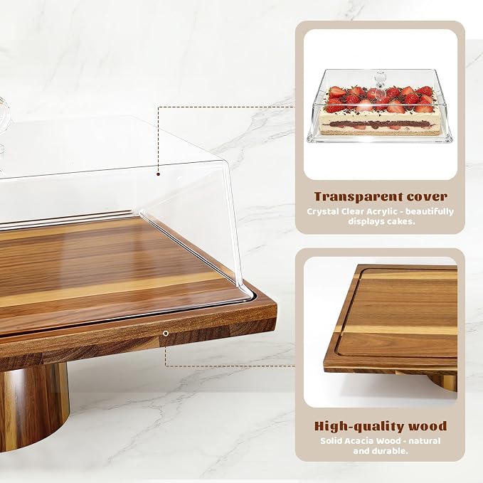 Jolitac Acacia Wood Cake Stand with Lid - Extra Large 17" Rectangular 2-in-1 Dessert Display & Charcuterie Board, Shatterproof Acrylic Dome for Freshness, Perfect for Weddings Parties Gifts