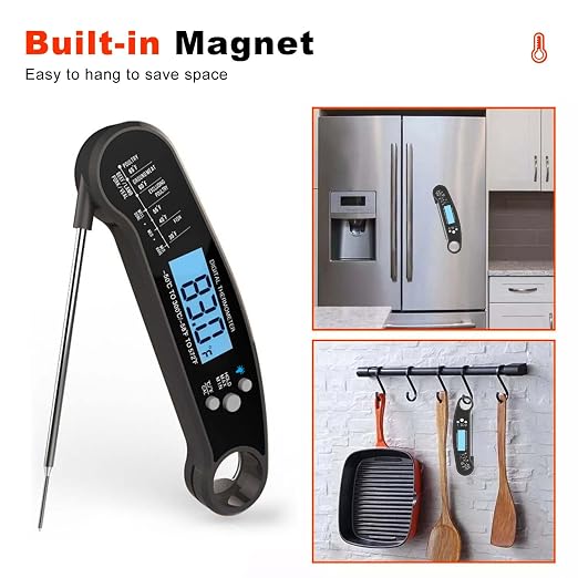 Digital Instant Read Food Thermometer with Backlight, LCD Display, Calibration Function, Built-in Bottle Opener for Grilling, BBQ, Turkey, Candy, Liquid Temperature Measurement, Black