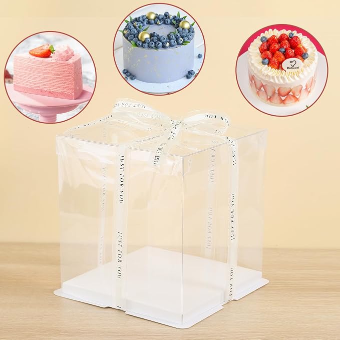 JCD 6Packs Large Cake PET Clear Box, 11" X 11" X 10" with ribbon and pre-folded lid, for 10" and 9" cake packing carry, baking cookie display,for Wedding, Birthday, Party (Clear Lid, 11inch/6pcs)