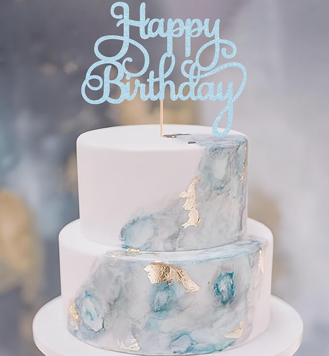 Happy Birthday Cake Topper - Light Blue Glitter Birthday Party Cake Decoration Supplies, Photo Booth Props