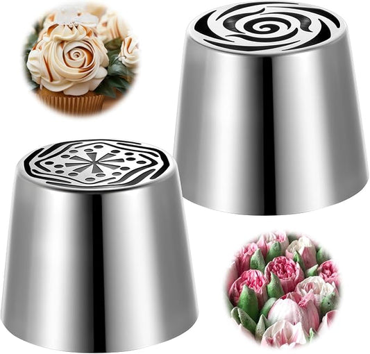 Russian Piping Tips, 2PCS Extra Large Cake Decorating Kit Rose Floral Piping Nozzle Stainless Steel Icing Tips Flower Cake 3D Floral Designs Baker Tools for Wedding Birthday Cakes Cupcakes Cookies